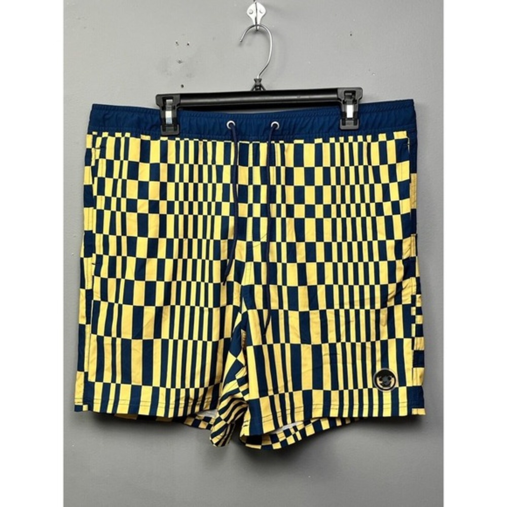 Neff Mens XL Board Shorts‎ Yellow Navy Blue Checkerboard Swim Trunks Drawstring